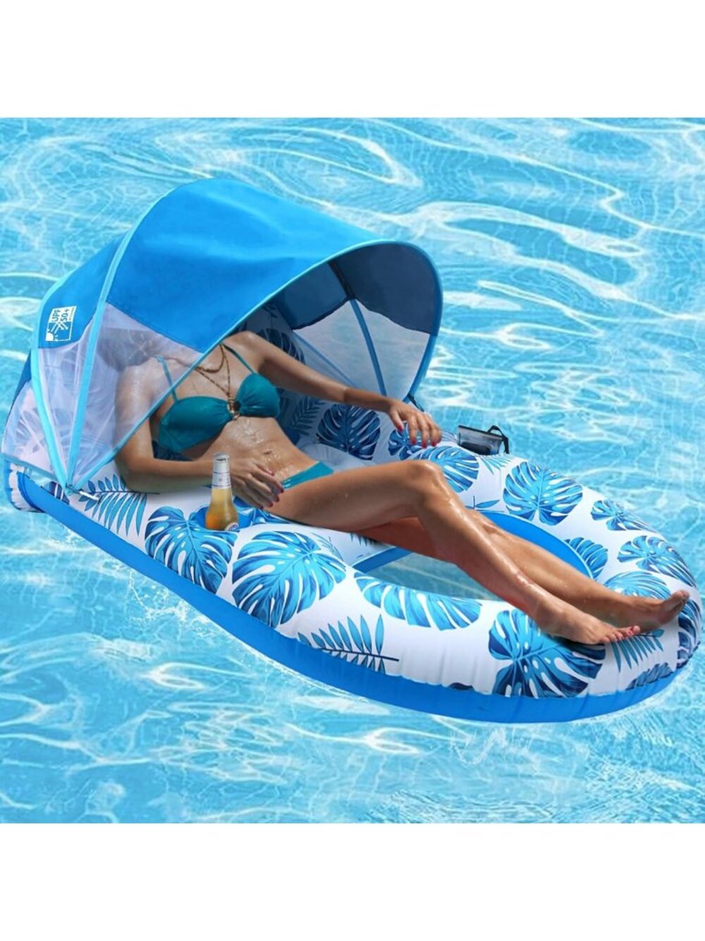 Extra Large Inflatable Pool Lounge Float with Canopy & Cup Holder, UPF50